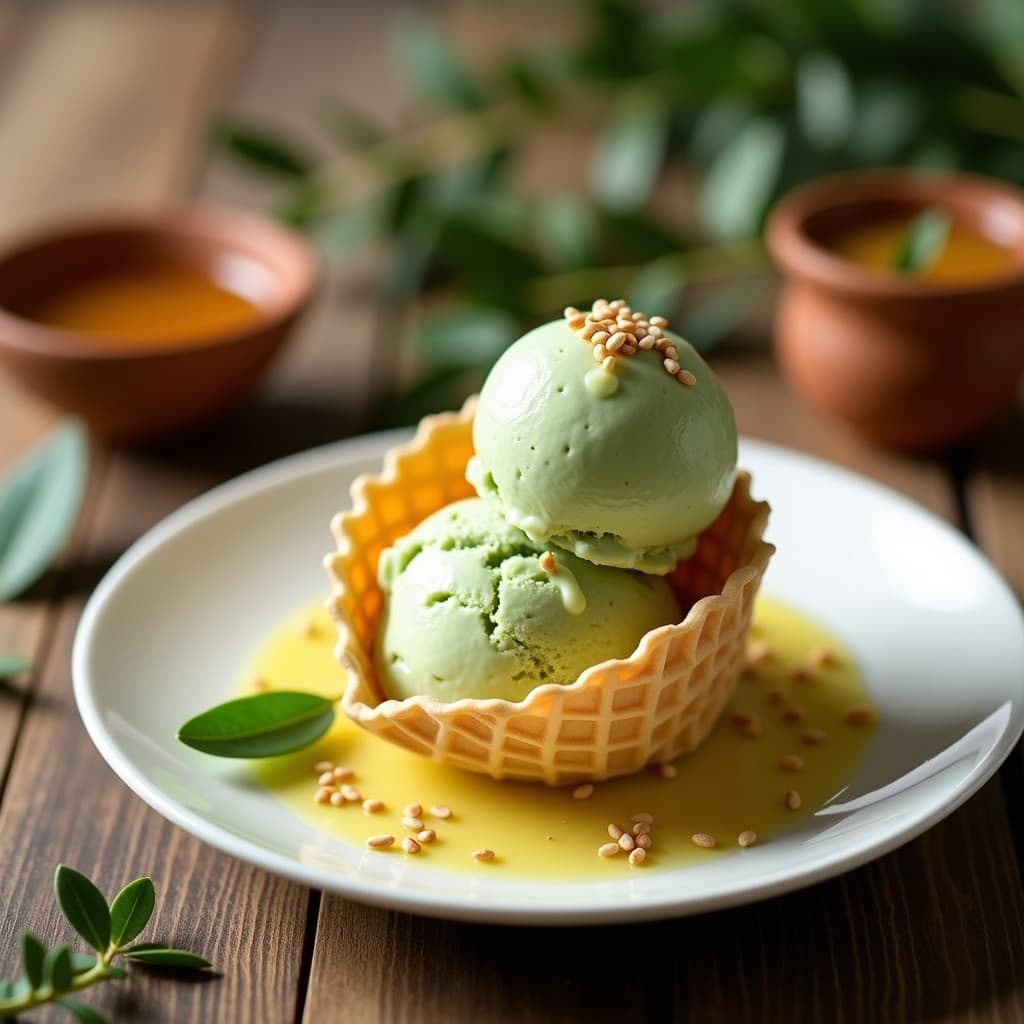 Cucurucho de barquillo con helado de té de hojas de olivo y miel de tomillo, color verde pálido, decorado con semillas de sésamo tostadas y un hilo de miel dorada sobre fondo rústico de madera con hojas de olivo y ramitas de tomillo.