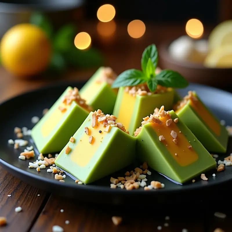 Helado de té matcha y garras de dragón en rodajas sobre plato negro, con virutas de coco y hojas de menta, postre japonés exótico sin lácteos.