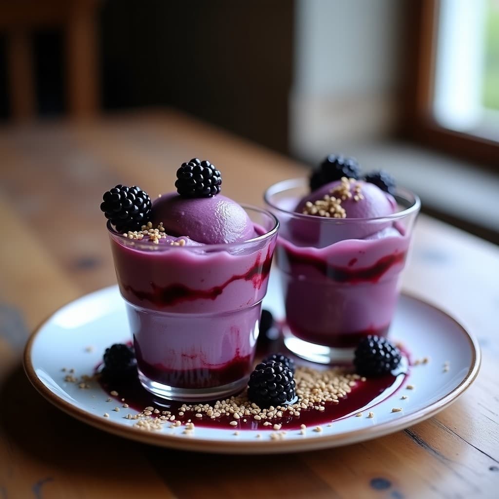 Helado de té de moras de los pantanos y semillas de chía servido en copas de cristal transparente, con capas visibles de color morado intenso y semillas de chía negras. Decorado con moras frescas y un hilo de sirope de infusión reducida, sobre fondo rústico de madera.