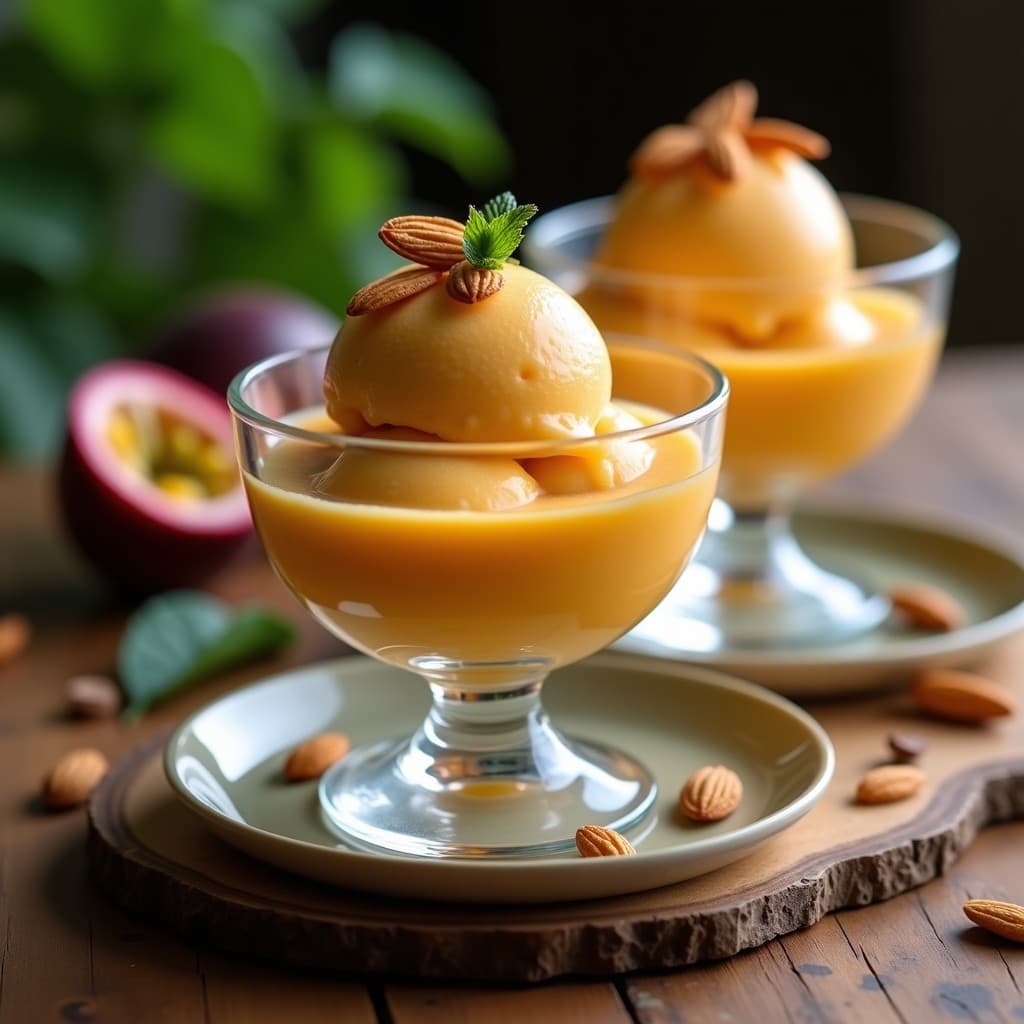 Helado de té de rooibos y maracuyá vegano sin azúcar servido en copas de cristal, con textura cremosa y decorado con almendras fileteadas tostadas. Fondo con hojas de rooibos y rodajas de maracuyá fresca.