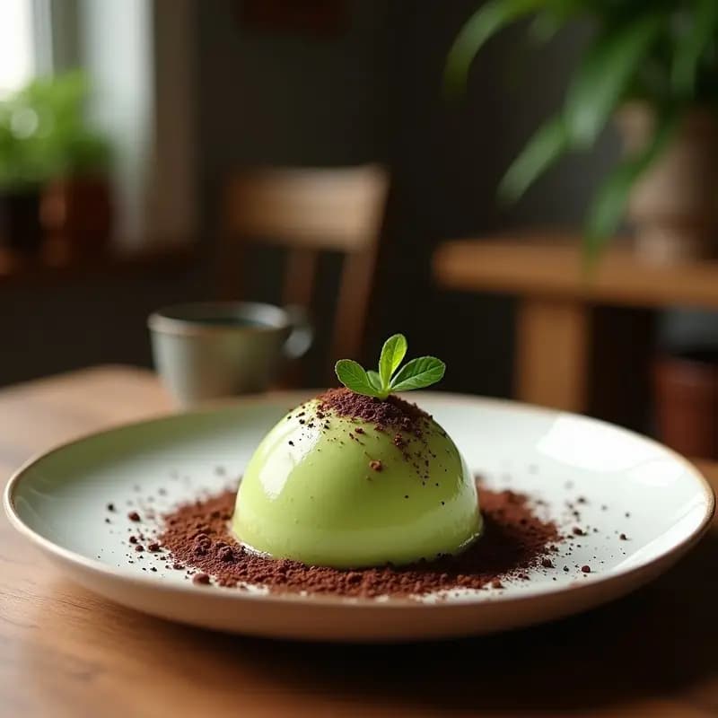 Cucurucho de barquillo negro con dos bolas de helado de té verde y midnight black cacao keto, decorado con semillas de chía y cacao en polvo, sobre fondo de madera oscura.