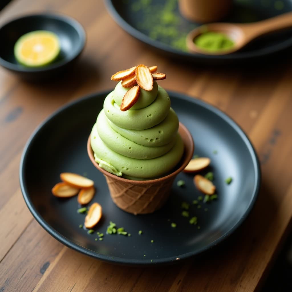Cucurucho de helado artesanal de color verde pálido con vetas, coronado con trozos dorados de almendras tostadas, servido sobre un plato de cerámica negra con detalles de matcha espolvoreado y una rodaja de ginseng fresco al lado. Postre coreano antioxidante.