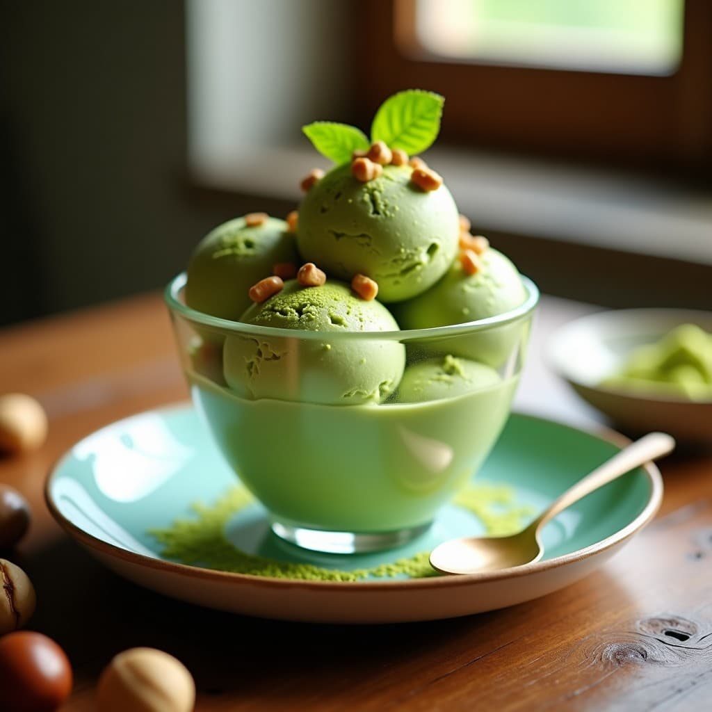 Copa de cristal con helado de té verde y leche de avellana, de color verde vibrante, decorado con avellanas picadas y un espolvoreado de matcha. Fondo borroso con hojas de té y avellanas enteras.