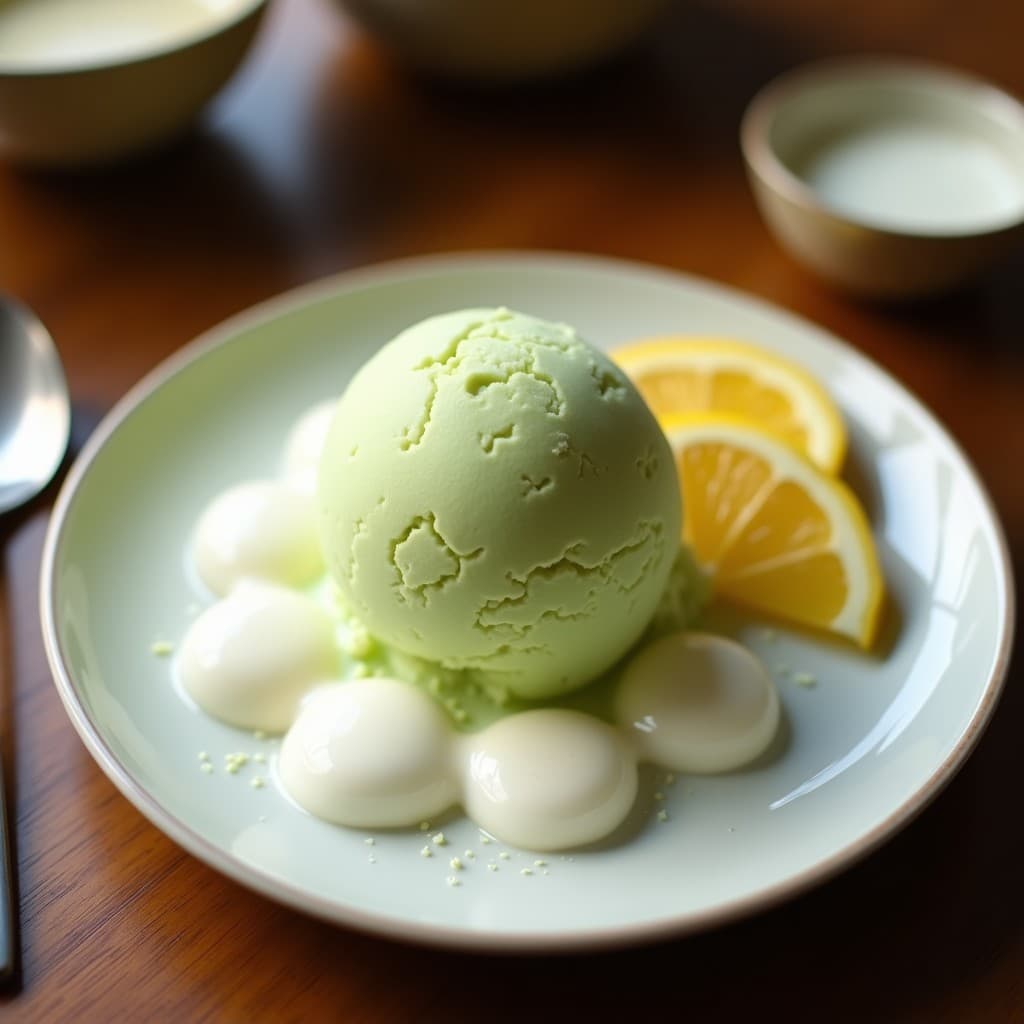 Helado de té verde y limón keto con base de coco servido en un cuenco de cerámica blanca, decorado con ralladura de limón y semillas de chía, sobre una mesa de madera rústica con hojas de menta fresca.