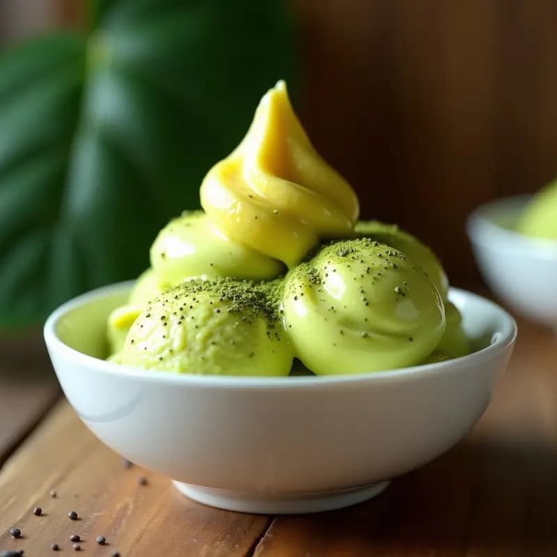 Helado de té verde y mango sin lactosa en cuenco de porcelana blanca, con textura cremosa y color verde pálido salpicado de trozos de mango amarillo. Fondo con hojas de menta y cucharita de madera.