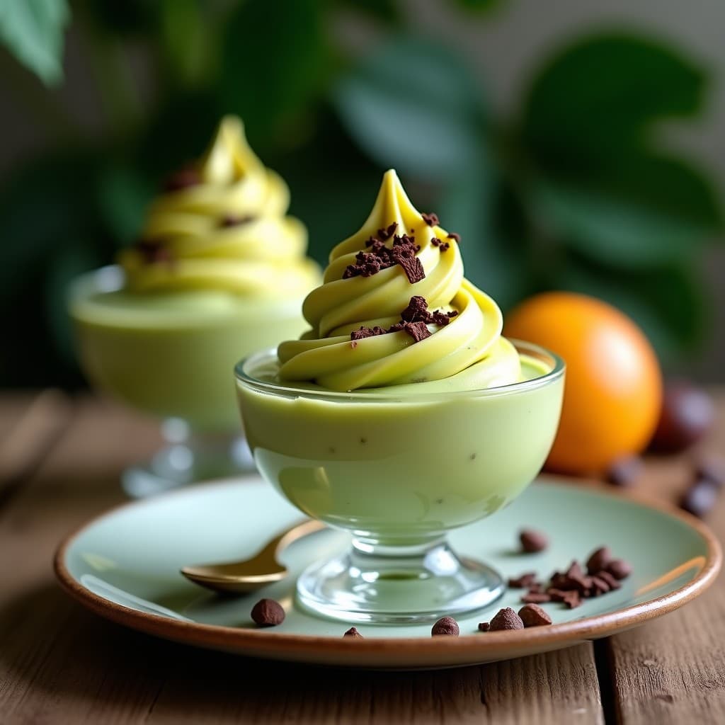 Copas de helado cremoso de color verde pálido con vetas amarillas de maracuyá, decorado con virutas de cacao oscuro y semillas de chía. Postre brasilero sin azúcar en un fondo rústico de madera.