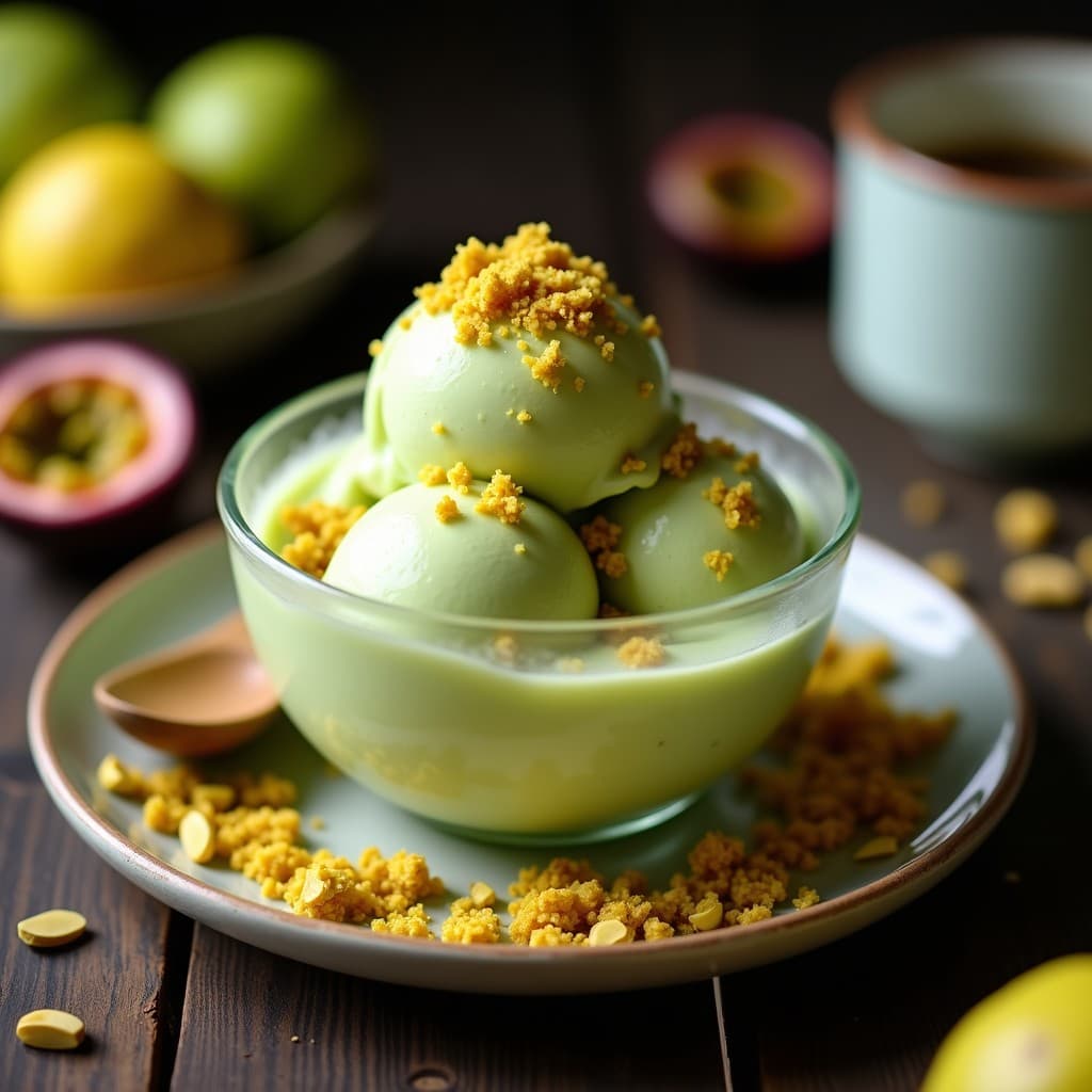 Copa de helado cremoso de color verde pálido con vetas amarillas de maracuyá, coronado con crujiente de pistacho dorado. Postre keto y antioxidante con textura suave y decoración minimalista.