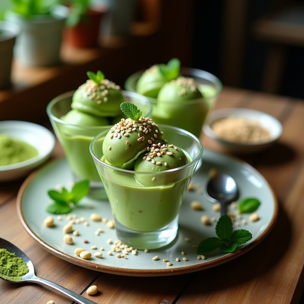 Copa de helado vegano de té verde matcha y sésamo negro con topping crujiente de cacahuetes tostados, decorado con semillas de sésamo. Postre antioxidante y sin lácteos.