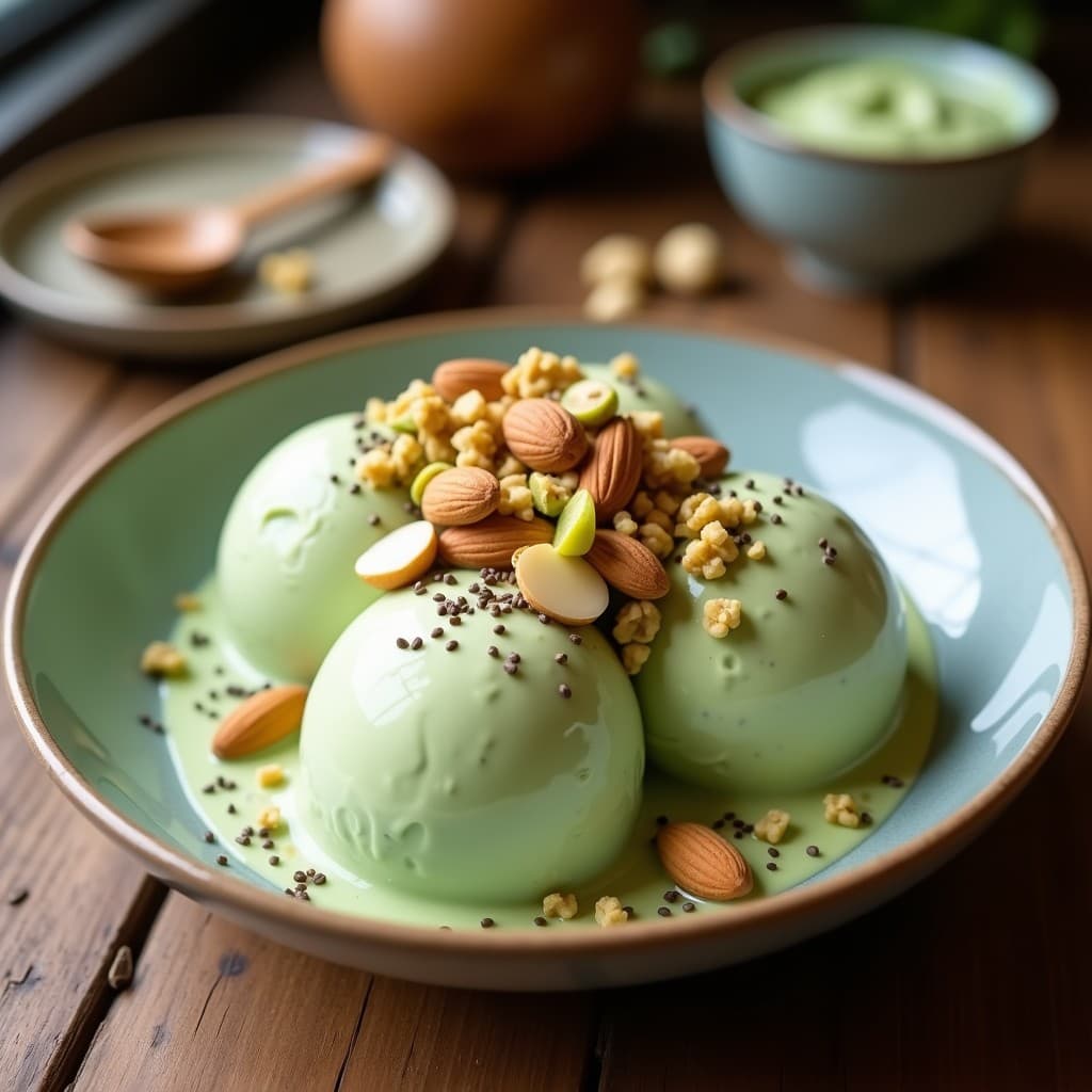 Copa de helado cremoso color verde pálido con vetas de vainilla, coronado con una mezcla crujiente de almendras, nueces y pistachos tostados. Postre keto sin azúcar con té verde matcha y topping de frutos secos, servido sobre fondo de madera rústica.