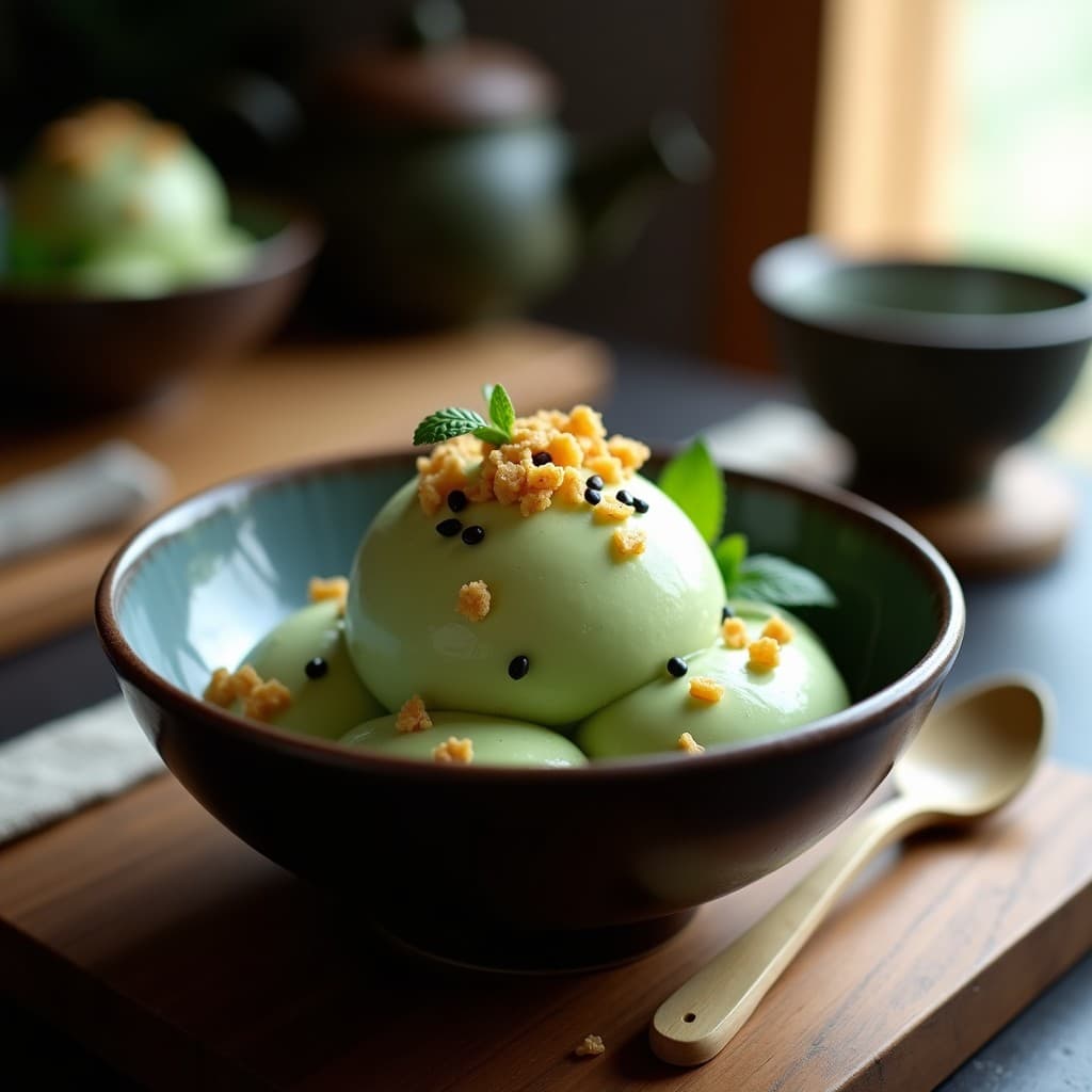 Cuenco de cerámica japonesa con helado de té verde y wasabi, de color verde pálido, coronado con crujiente de almendras y sésamo negro. Fondo borroso con elementos tradicionales nipones.