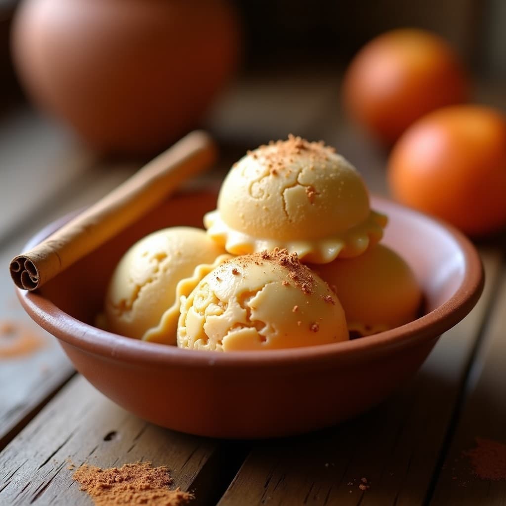 Helado de tejocote y canela servido en un tazón de barro rústico, con virutas de canela en polvo espolvoreadas y trozos de tejocote glaseado como decoración. Fondo desenfocado con tonos cálidos.