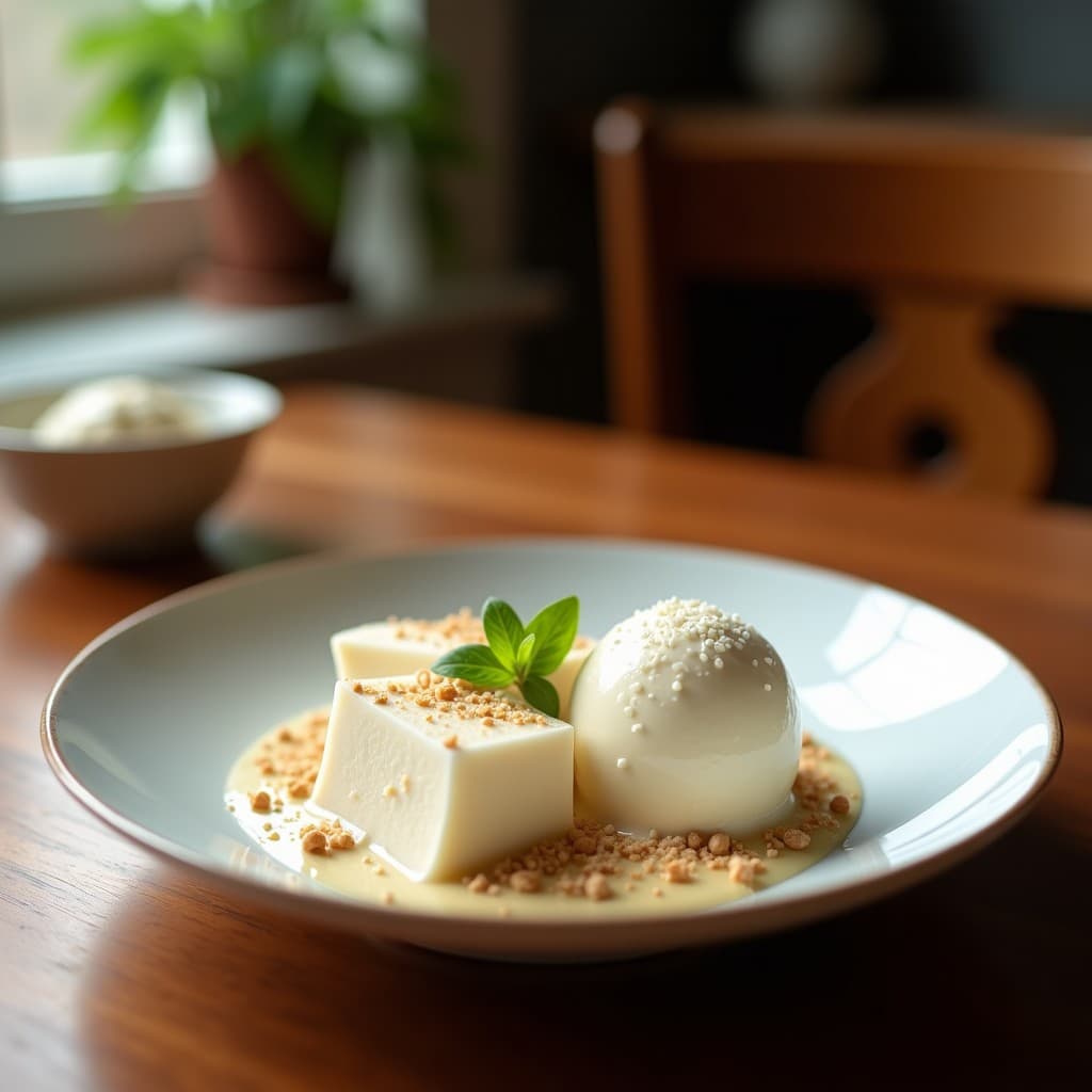 Helado de turrón y almendras con leche de coco servido en un cuenco de cerámica blanca, decorado con almendras picadas y zeste de naranja, sobre una mesa de madera rústica con elementos navideños.