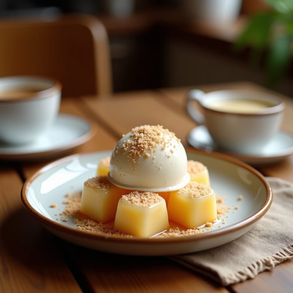 Helado cremoso de turrón de almendras y miel con virutas de coco en un cucurucho de barquillo, sobre una mesa rústica de madera con trozos de turrón y coco esparcidos alrededor.