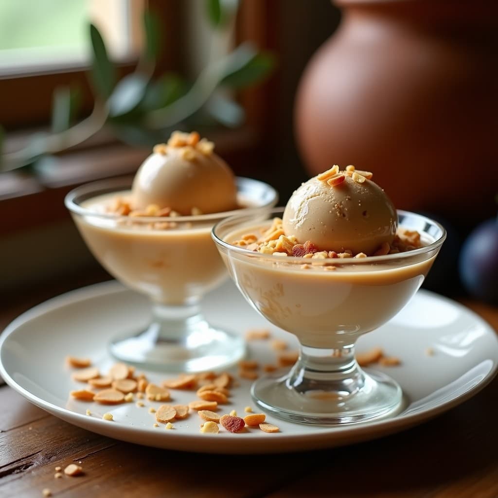 Cucurucho de helado artesanal de turrón y higos sin lácteos, con trozos de higo fresco y almendras tostadas crujientes, servido sobre un plato de cerámica blanca con fondo rústico de madera.
