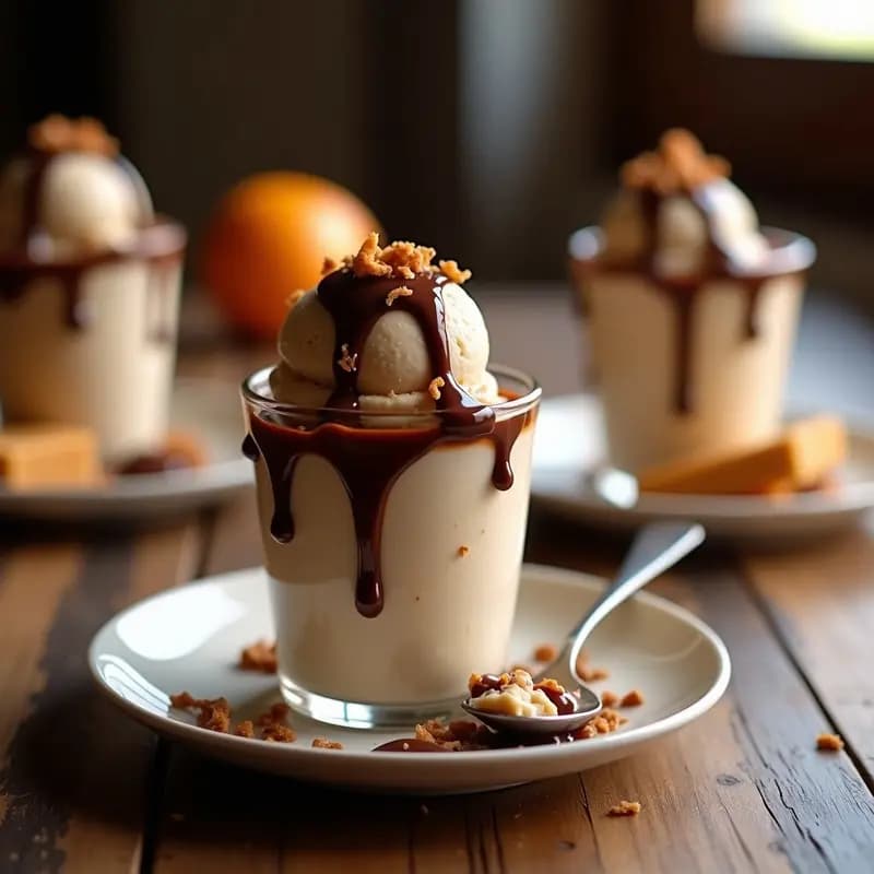Bol de cristal con helado cremoso de turrón de Jijona, bañado en salsa de chocolate caliente espesa y decorado con virutas de almendra tostada dorada, sobre una mesa rústica con trozos de turrón y una cuchara de postre.