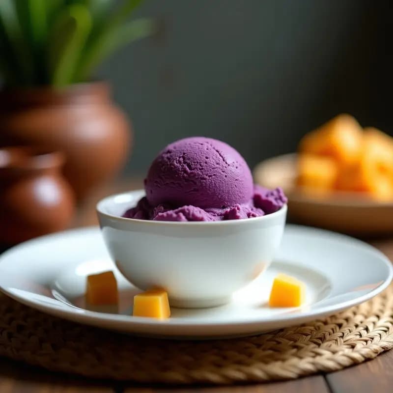 Cucurucho de helado morado vibrante de ube con trozos visibles de queso cheddar amarillo, servido en un plato blanco con fondo borroso de cocina tradicional filipina.
