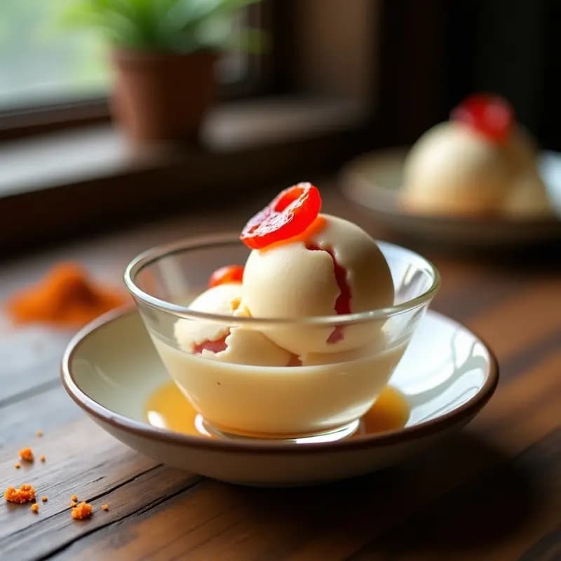 Copa de cristal con helado cremoso de color beige claro, salpicado de trozos rojizos de umeboshi. Fondo borroso con té hōjicha en polvo y una ciruela umeboshi entera. Postre japonés sin lácteos con toque ácido y ahumado.