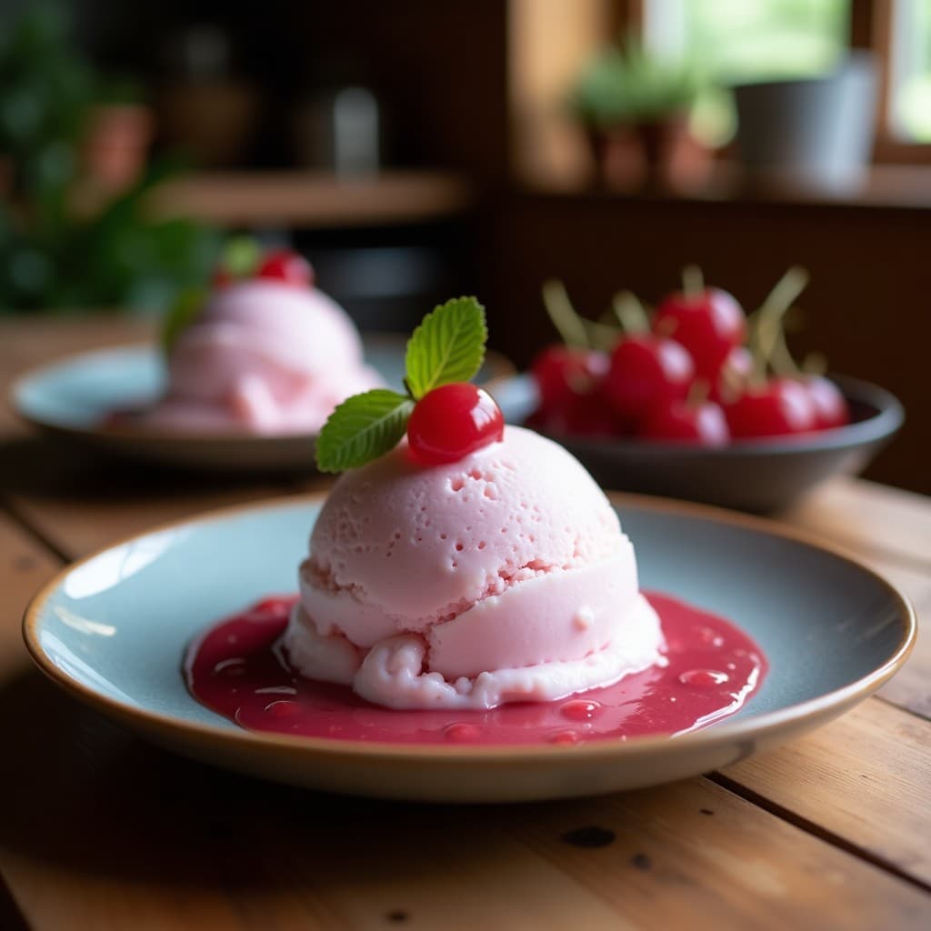 Copas de vidrio transparente con helado de uva camu camu y leche de coco, de color morado intenso, decorado con coco rallado tostado y rodajas de limón sobre una mesa de madera rústica con hojas de menta. Postre amazónico antioxidante sin azúcar.