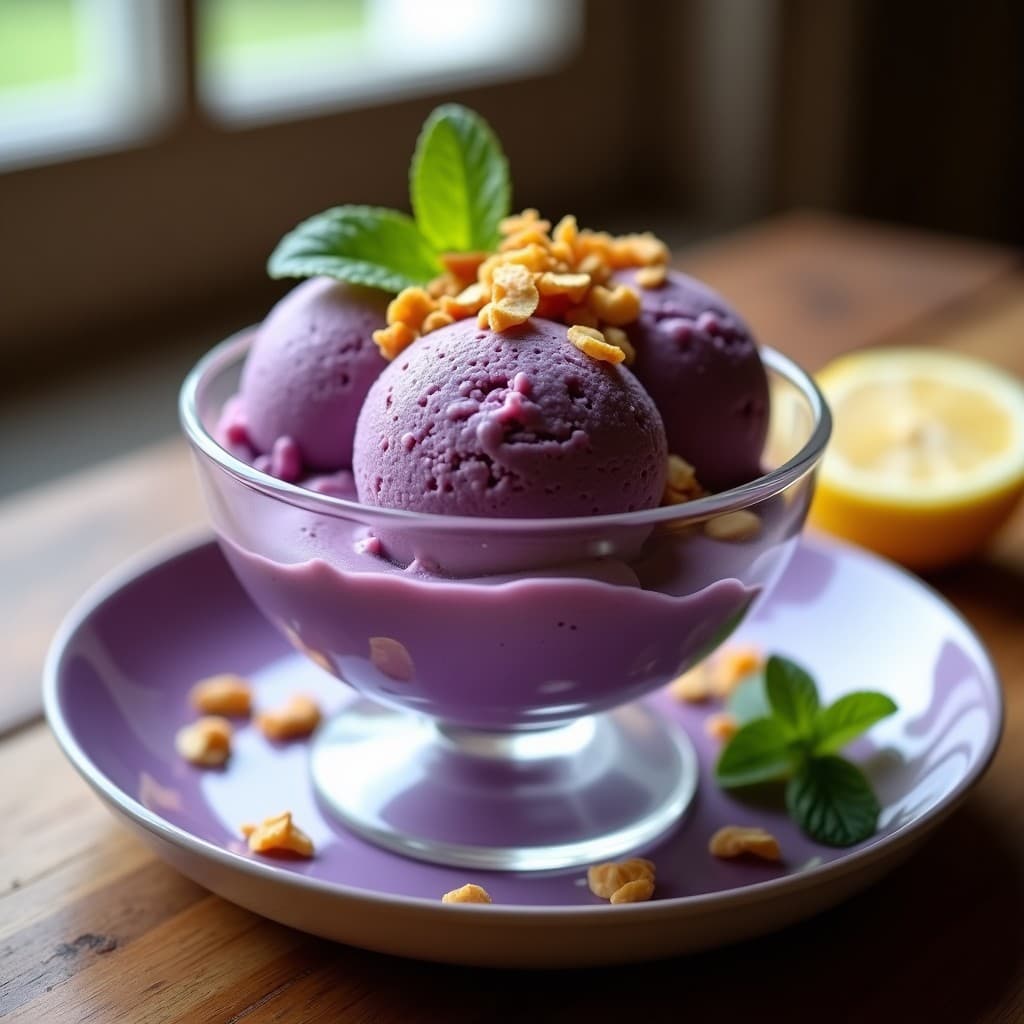 Copas de cristal con helado de uva camu camu y yogur griego, coronado con crujiente de almendras doradas y un toque de canela, sobre fondo rústico de madera. Postre brasileño keto fresco y cremoso.