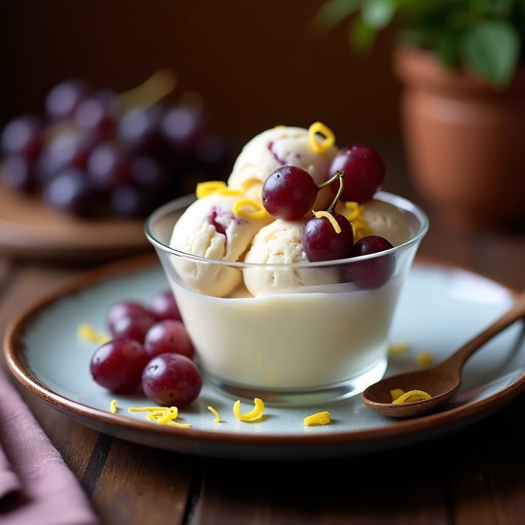 Copa de cristal con helado de uva moscatel y queso crema vegano, decorado con uvas enteras y cáscara de limón rallada, sobre un fondo rústico de madera oscura. Postre español sin azúcar con textura cremosa y brillo natural.