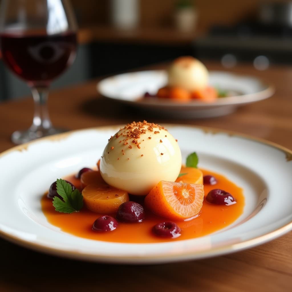 Helado cremoso de color lila pálido en un cuenco de cerámica blanca, decorado con almendras fileteadas y una rama de tomillo fresco. Fondo borroso con uvas moscatel y limones para resaltar su origen español keto.