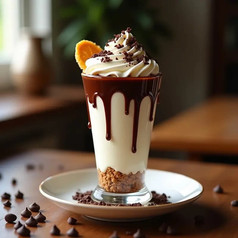 Copa alta con helado de vainilla cremoso, cubierto de nata montada espesa, sirope de chocolate brillante, virutas de chocolate negro y base crujiente de galleta Digestive triturada. Postre hipercalórico y adictivo.