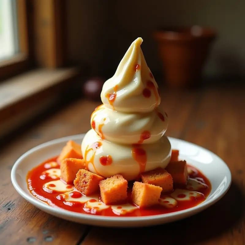Cucurucho de helado cremoso de vainilla con trozos dorados de pizza pepperoni y queso fundido, servido en un plato rústico con un chorrito de salsa de tomate espesa al lado.