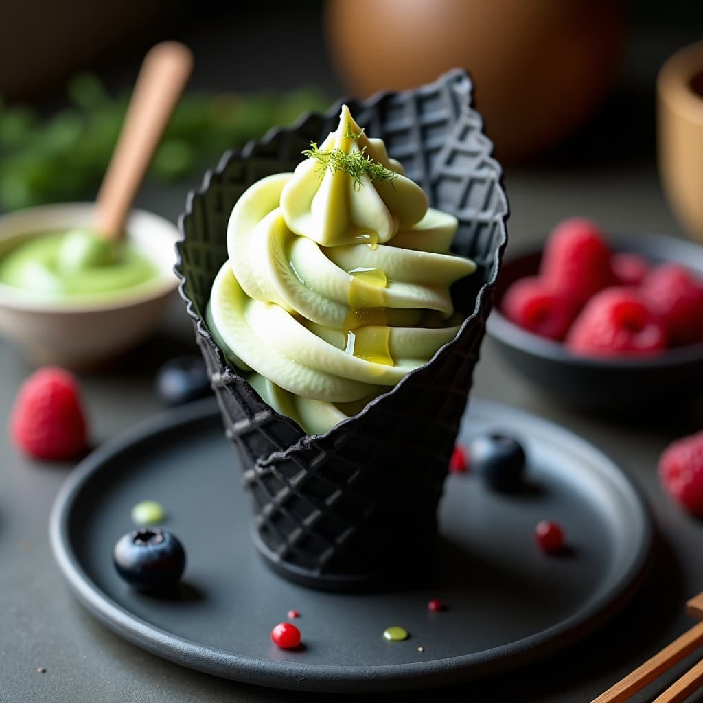 Cucurucho de barquillo negro con helado de wasabi y frutos del bosque con syrup de agave, textura cremosa y trozos de arándanos y frambuesas visibles, decorado con un hilo dorado de agave y una pizca de wasabi rallado encima, fondo minimalista con elementos japoneses.