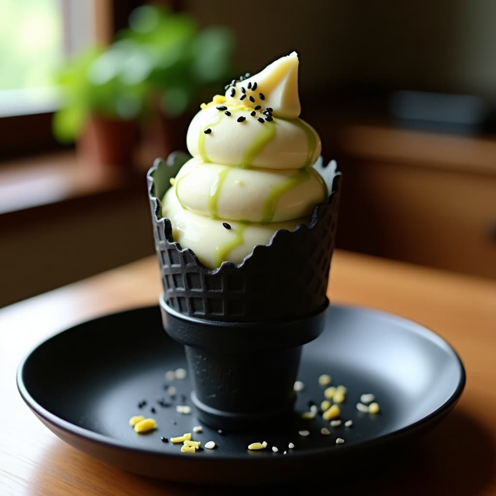 Cucurucho de barquillo negro con helado de wasabi y limón yuzu sin azúcar, de color crema pálido con vetas verdes sutiles, decorado con semillas de sésamo negro y ralladura de limón yuzu, sobre un plato de cerámica japonesa con fondo borroso.