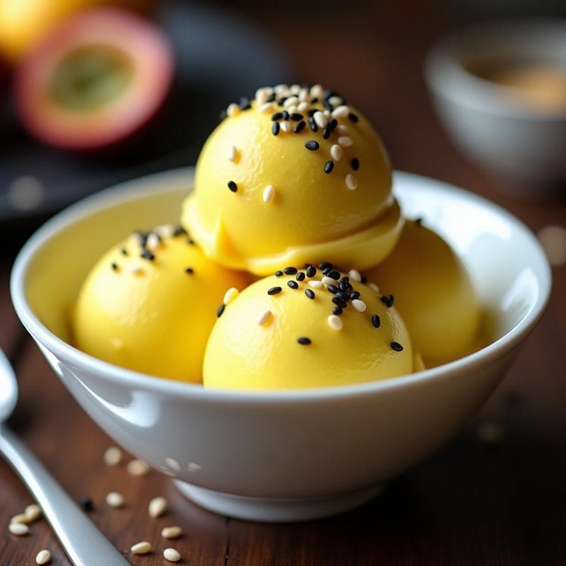 Copa elegante con helado de wasabi y maracuyá de color amarillo vibrante, coronado con crujiente de sésamo negro y blanco, postre japonés-peruano sin lácteos.