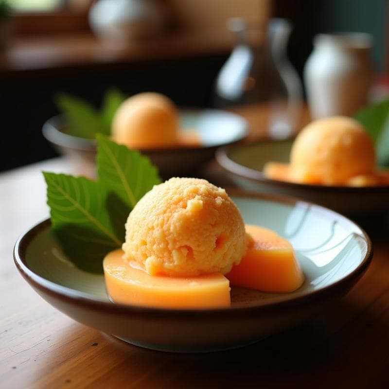 Helado de wasabi y melón cantalupo sin lactosa servido en copas de cristal, con semillas de sésamo negro espolvoreadas y rodajas de melón fresco como decoración. Postre japonés innovador de color crema con vetas verdes suaves.