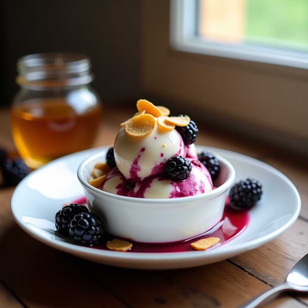Helado cremoso de yogur de cabra con vetas moradas de newki triturado, decorado con bayas newki enteras y almendras fileteadas sobre un plato de cerámica blanca, con un hilo de miel dorada.