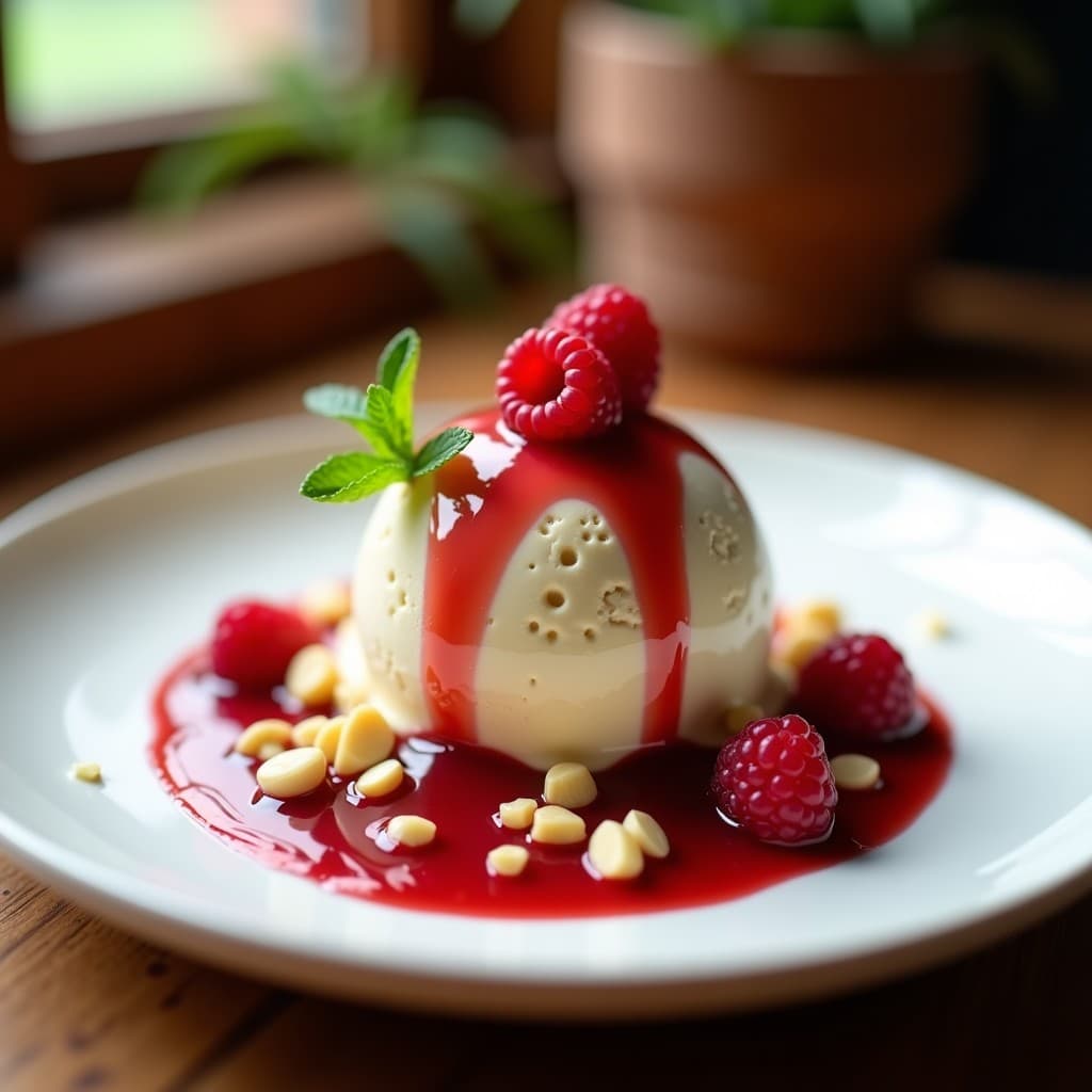 Porción de helado de Zologische color crema en plato blanco, con vetas doradas de puré de manzana, bañado en salsa de frambuesas rojas brillantes y decorado con nueces de macadamia picadas. Postre alemán tradicional sin lácteos.