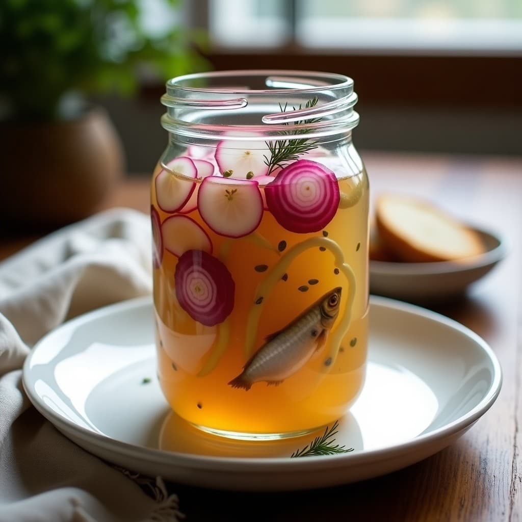Frasco de vidrio transparente lleno de herring en escabeche con cebolla morada en juliana y rodajas de rábano, sumergidos en un líquido dorado con especias. Receta sueca tradicional para tupper, servida con ramitas de eneldo fresco.