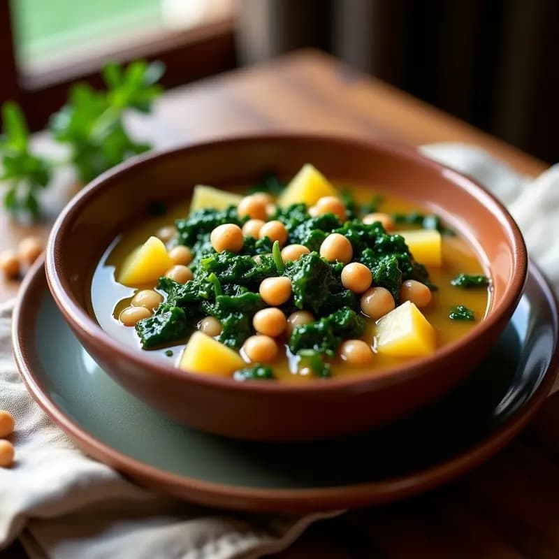 Plato hondo de barro con hervido gallego vegano: grelos, patatas, garbanzos y alubias en caldo espeso, decorado con un hilo de aceite de oliva virgen extra.