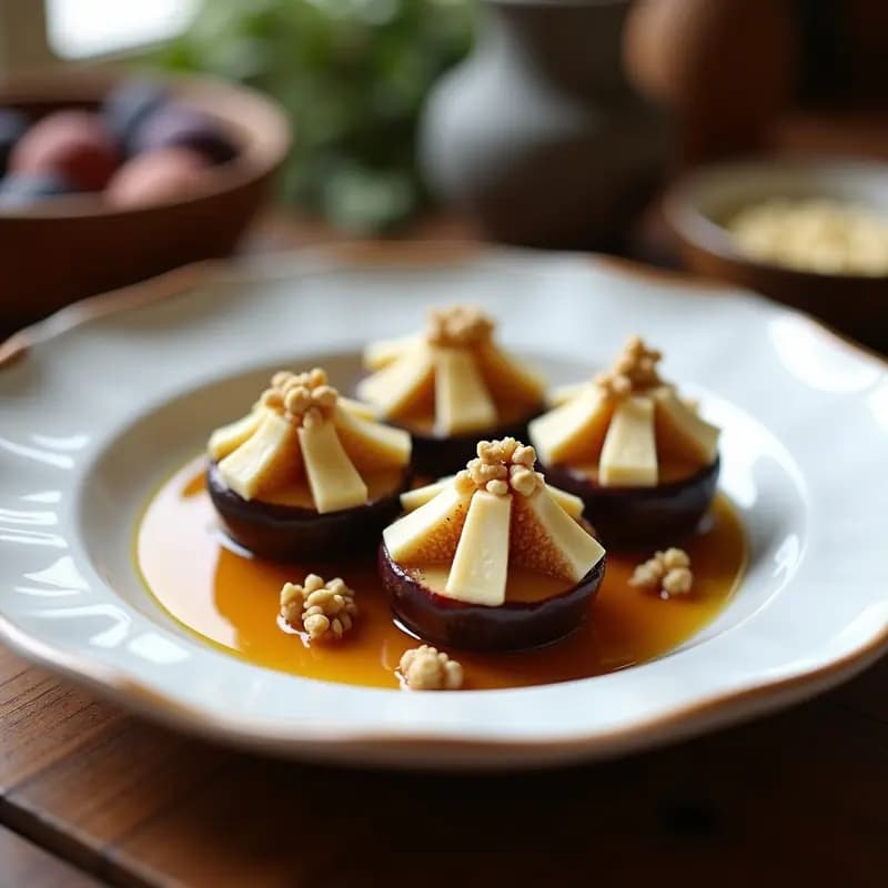 Plato blanco rústico con higos enteros en almíbar dorado, acompañados de láminas de queso curado de oveja y nueces troceadas, con un hilo de miel de romero. Postre extremeño de temporada.