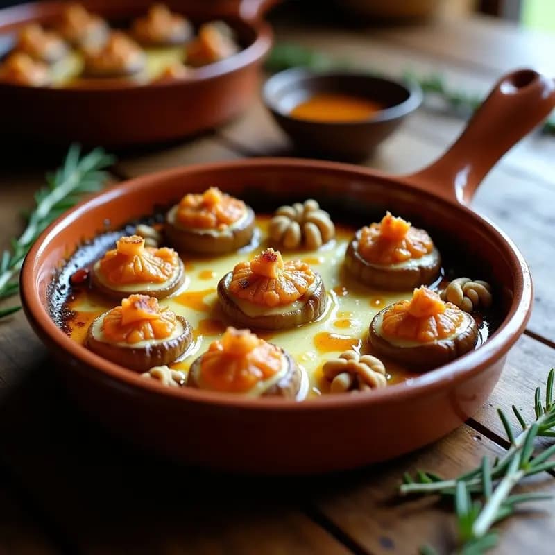 Higos frescos abiertos rellenos de queso de cabra desmenuzado y trozos de nuez, horneados hasta dorar, servidos en una fuente de barro con un toque de miel y romero fresco.