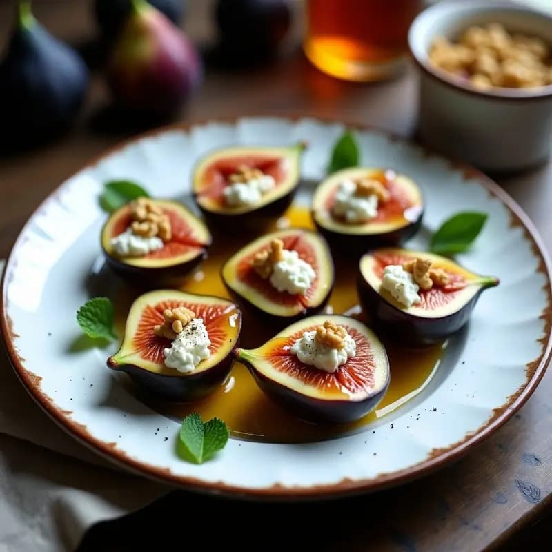 Plato blanco rústico con higos frescos abiertos rellenos de queso Cabral desmenuzado, nueces picadas y un hilo de miel de romero, decorados con hojas de menta. Postre dulce-salado de otoño tradicional español.