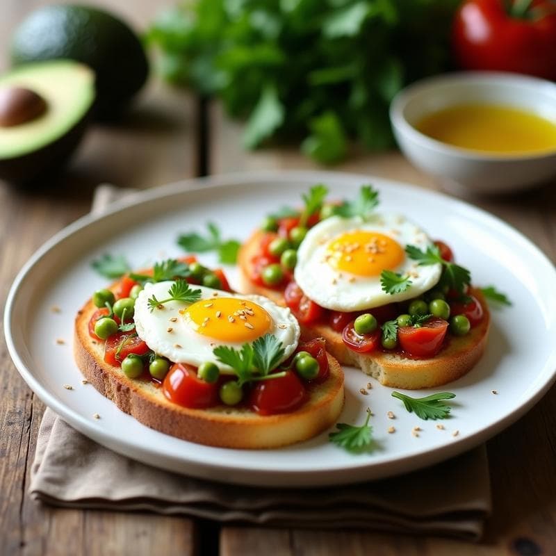 Plato de Hobz Biz-Zejt maltés con rebanadas de pan tostado cubiertas de ricotta cremosa, aguacate machacado, tomates cherry, huevos pochados con yema líquida, piñones tostados y albahaca fresca, bañado en aceite de oliva virgen extra y espolvoreado con pimienta de Alepo.