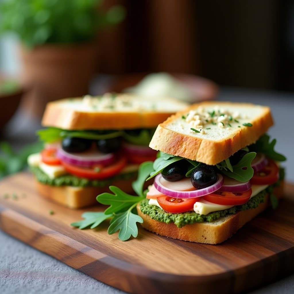 Bocadillo maltés Hobz Biz-Zejt abierto mostrando pan sin gluten tostado, pesto verde de rúcula y anacardos, atún con aceitunas y tomate seco, y queso de cabra desmenuzado, servido en tabla de madera rústica.