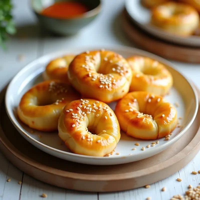 Hojaldras doradas y esponjosas de plátano macho al miso en airfryer, con semillas de sésamo espolvoreadas, servidas en un plato blanco rústico sobre fondo de madera clara.