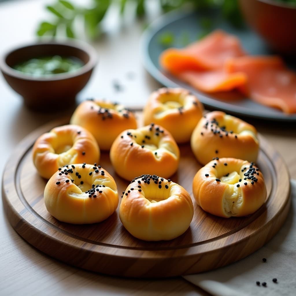 Hojaldres dorados y crujientes de harina de almendra con queso crema, espolvoreados con semillas de sésamo y pimentón, servidos en bandeja de madera sobre papel de horno, aperitivo keto sin horno.