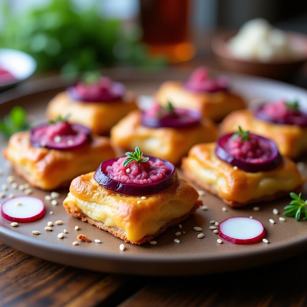 Hojaldres dorados y crujientes rellenos de rodajas de batata morada y pesto de rábanos, servidos en una bandeja de madera con semillas de sésamo. Receta vegana de aperitivo en airfryer.