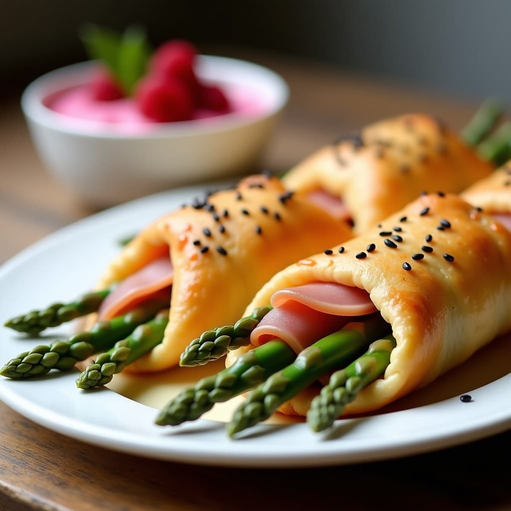 Hojaldres dorados y crujientes rellenos de espárragos blancos y jamón serrano, servidos en una fuente de cerámica blanca con salsa rosa de frambuesa en un bol aparte. Decoración con frambuesas frescas y semillas de sésamo negro.