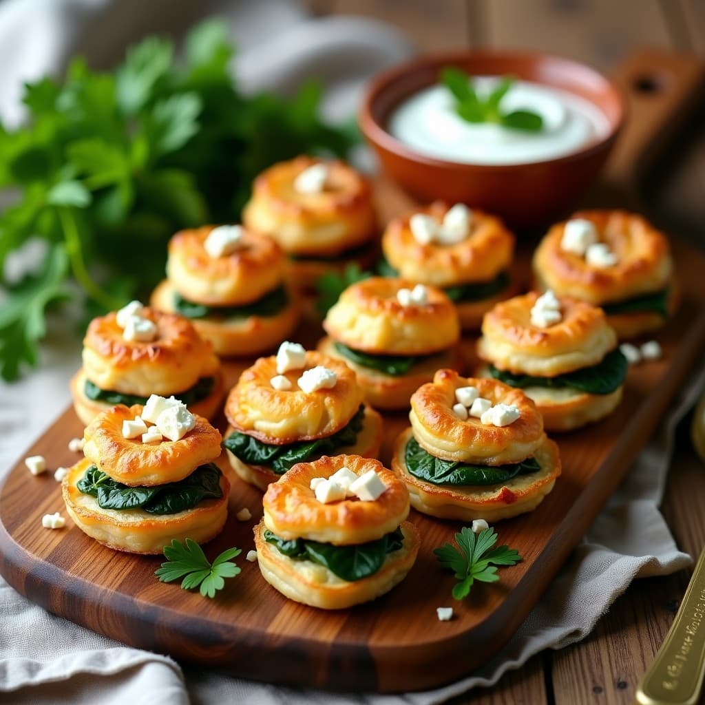 Hojaldres dorados y crujientes de masa filo rellenos de espinacas y queso feta, dispuestos en una canasta de airfryer con semillas de sésamo, receta saludable sin aceite.