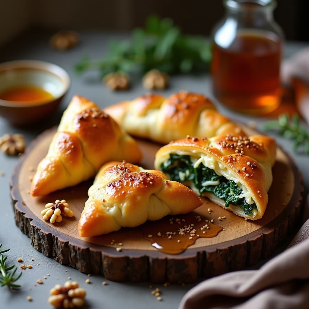 Hojaldres dorados y crujientes en forma de triángulo rellenos de espinacas y queso de oveja, con un hilo de miel de trufa negra brillante sobre una superficie rústica de madera. Receta francesa de aperitivo gourmet en airfryer.