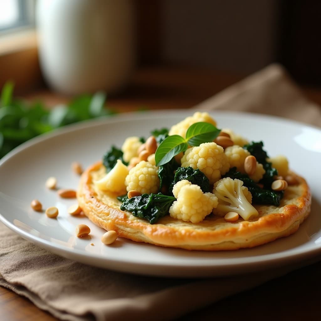 Hojaldres dorados y crujientes de masa de coliflor rellenos de espinacas y piñones, servidos en un plato blanco rústico con hierbas frescas y un dip de tahini al lado. Receta vegana sin horno.