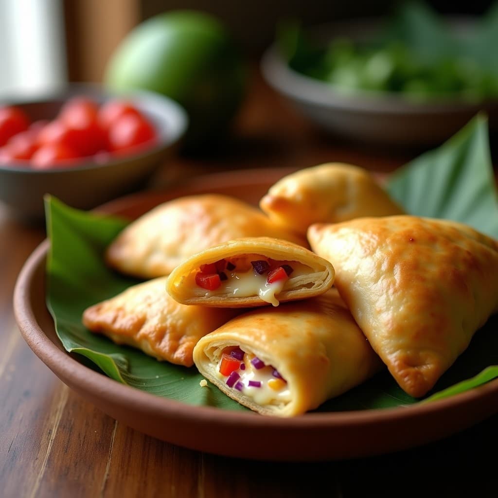 Hojaldres de masarepa dorados y crujientes rellenos de queso de mandioca, servidos en una fuente de barro con hojas de plátano, receta colombiana sin gluten.