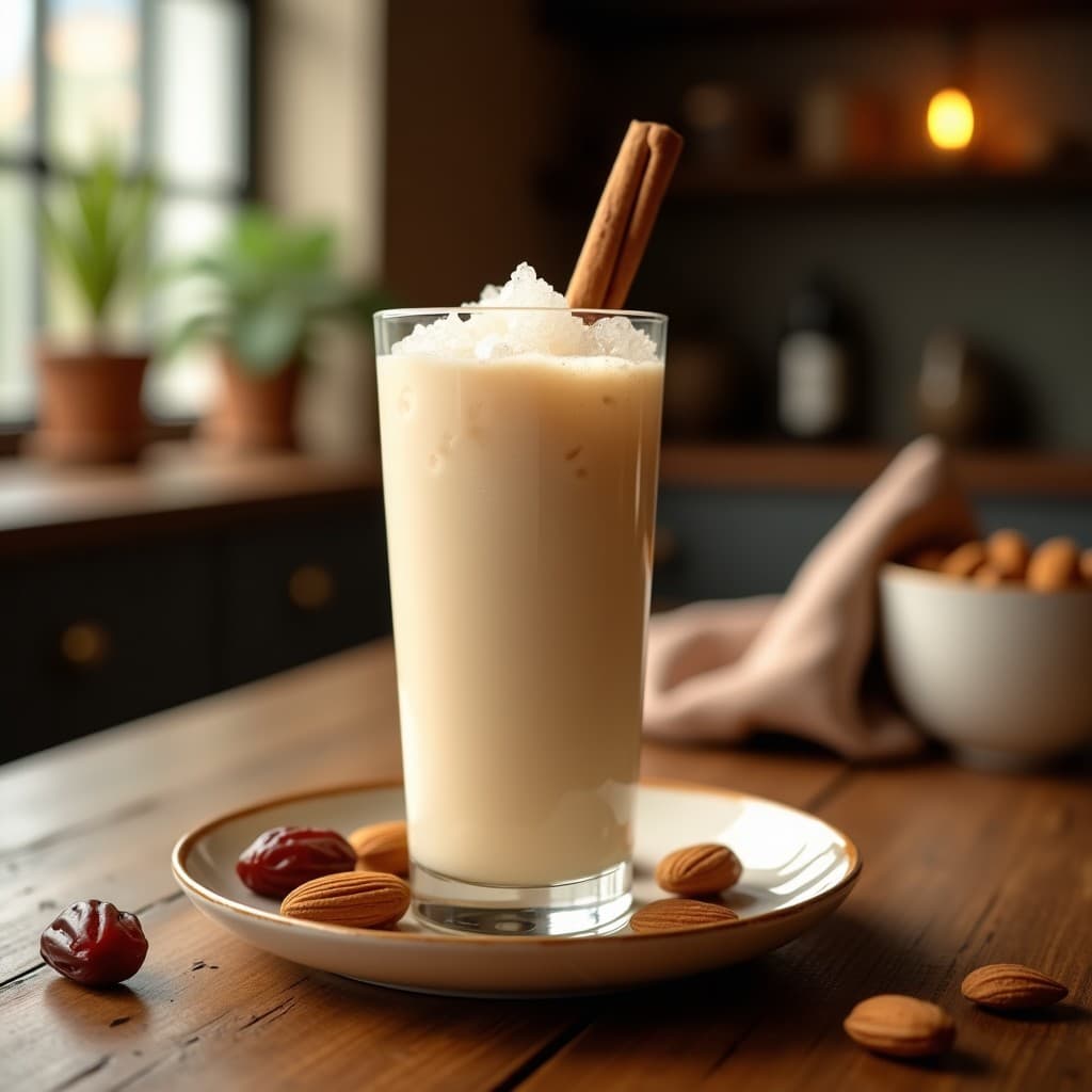 Vaso alto de cristal transparente lleno de horchata de almendras y canela vegana sin azúcar, con hielo picado y una ramita de canela en rama como decoración, sobre una mesa de madera rústica con almendras y dátiles alrededor.