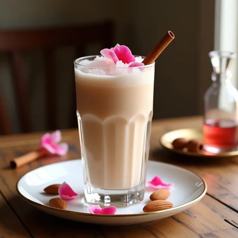 Vaso alto de cristal con horchata de almendras y rosa saudí, de color crema pálido, decorado con hielo picado y pétalos de rosa comestibles. Fondo borroso con especias como cardamomo y vainas abiertas.